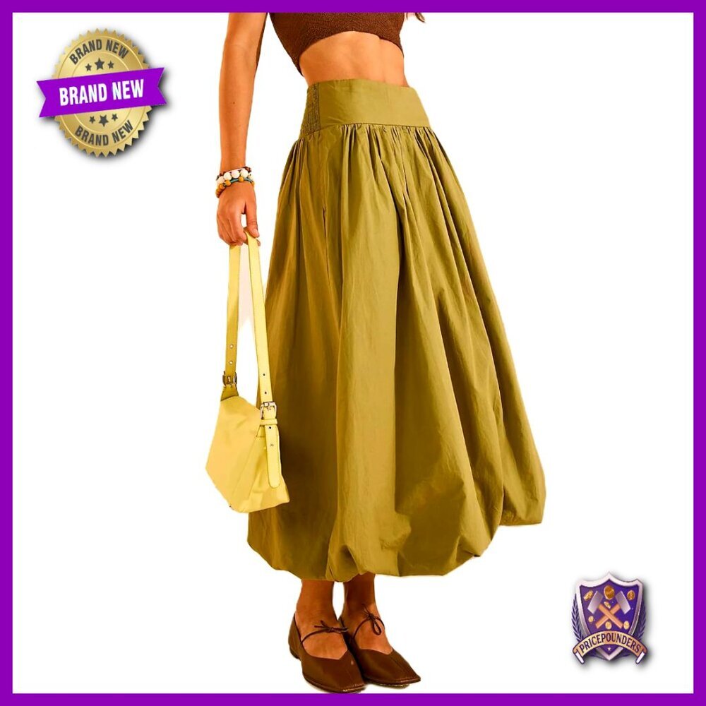 Polyester Maxi Skirt with Elastic Waist, A-Line Bubble Hem, Ankle Length
